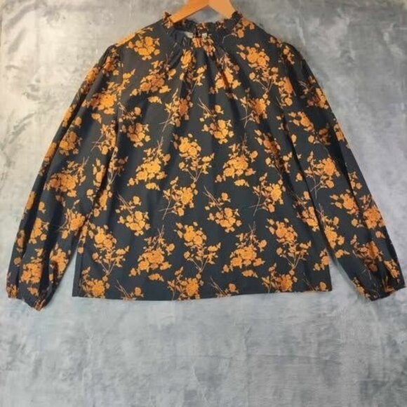 Curve Floral Blouse 0XL Black Orange Long Sleeve Fall Top Plus Size High Neck - Picture 1 of 9